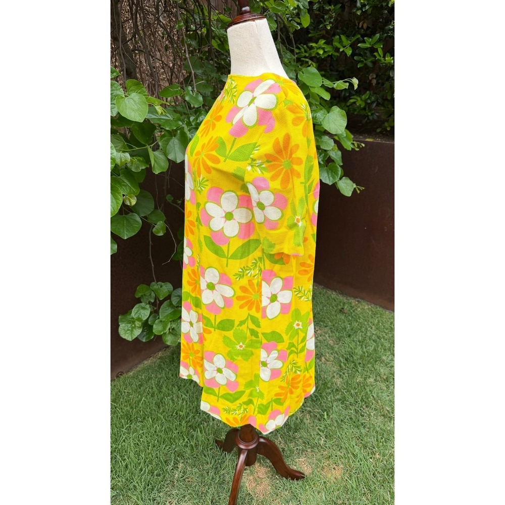 Vtg 60s Psychedelic Mod Shift Dress Yellow Floral Daisy Flower Power Talon Zip L - Picture 7 of 8